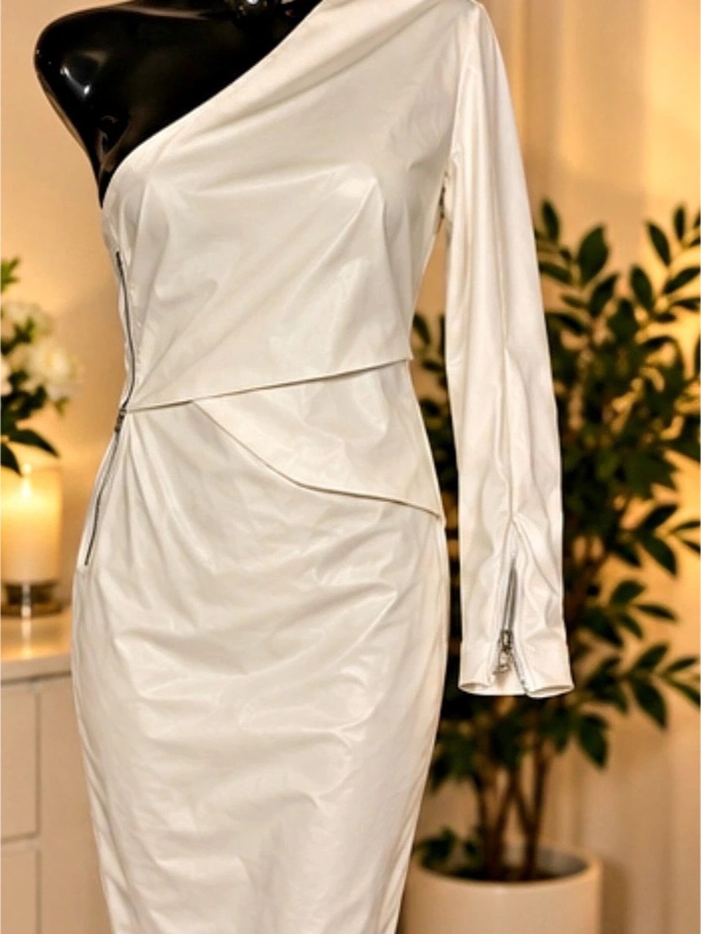One-Shoulder Zipper Dress in White Like New